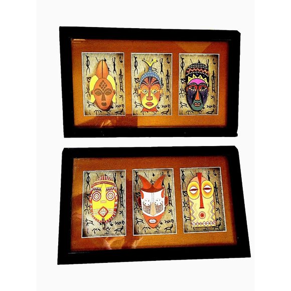 African Primitive Mask Mixed Media 3D Shadow Box 6 Pcs. Set 2 Black Wood Frame